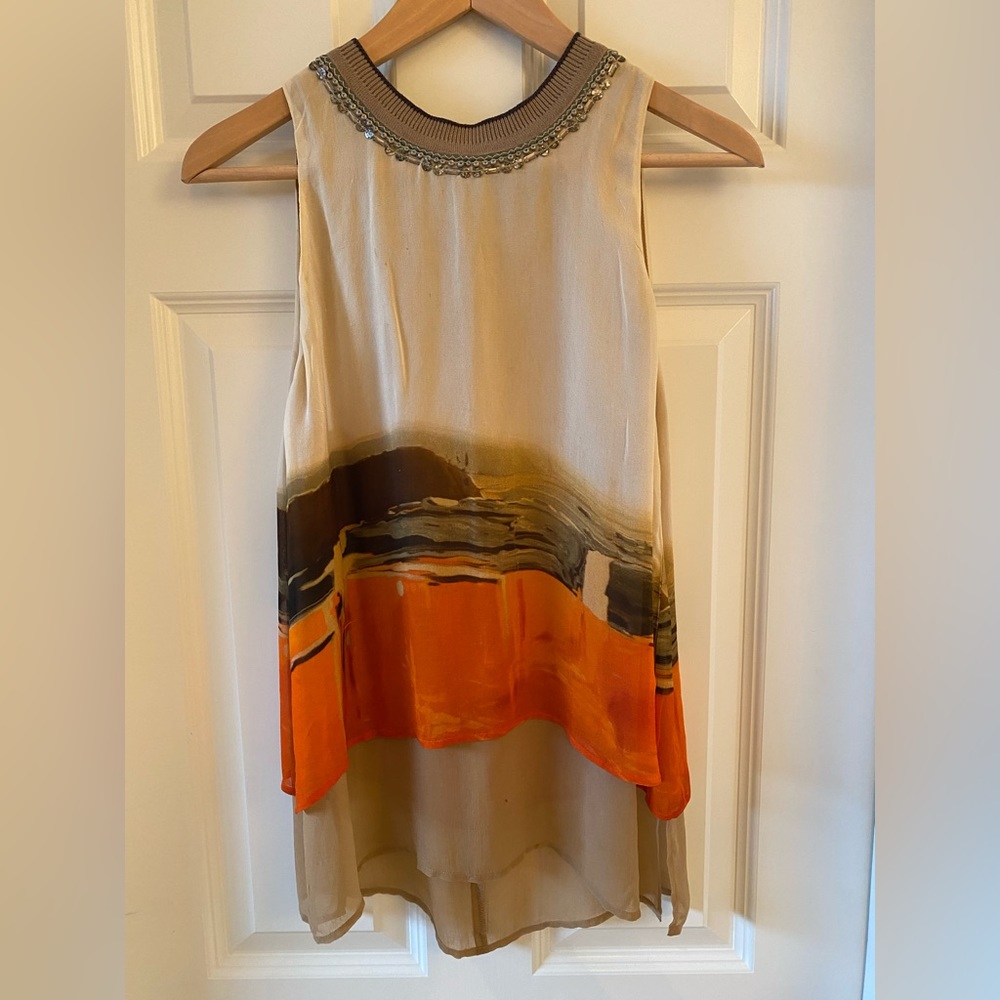 Flowing sleeveless chiffon layered top bought at Anthropologie.